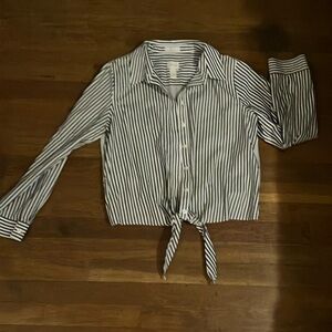 Chico's White and Blue Tie Front Long Sleeve Shirt